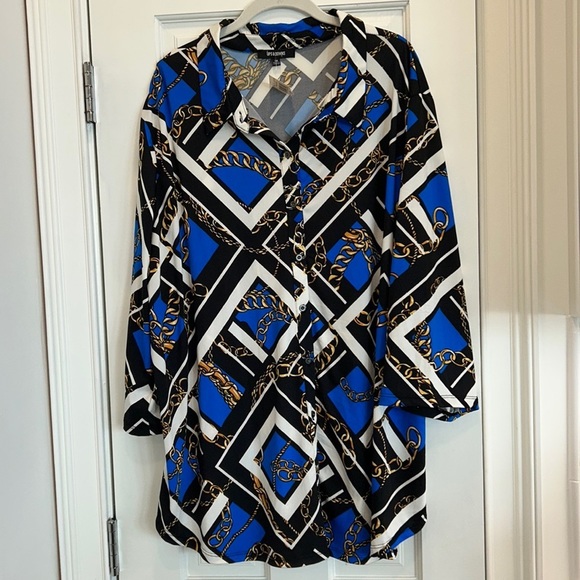 Ups & Downs Plus NWT Royal Blue Tunic Chain Print Blouse Jersey Fabric sz.3X NWT - Picture 1 of 8